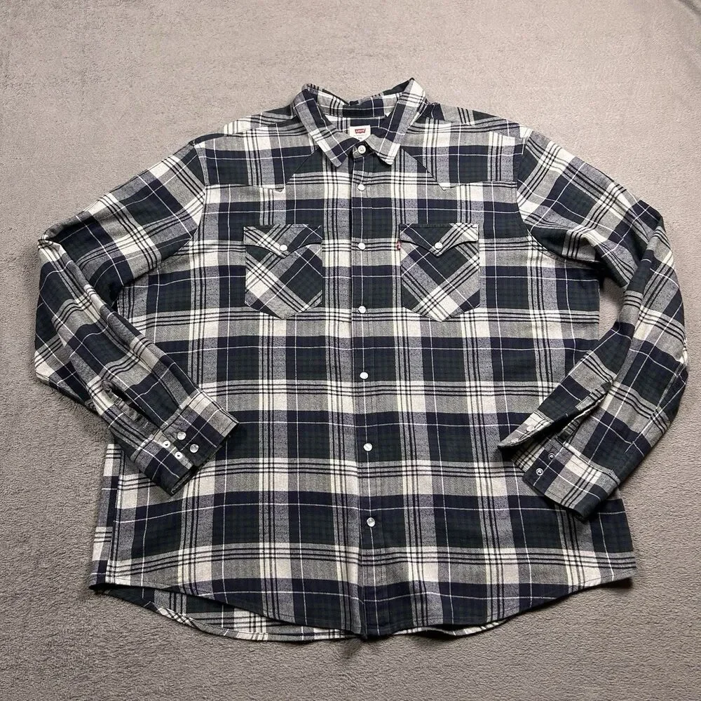 Levi's Pearl Snap Plaid Shirt Men's XXL Western Long Sleeve Navy Green Grunge